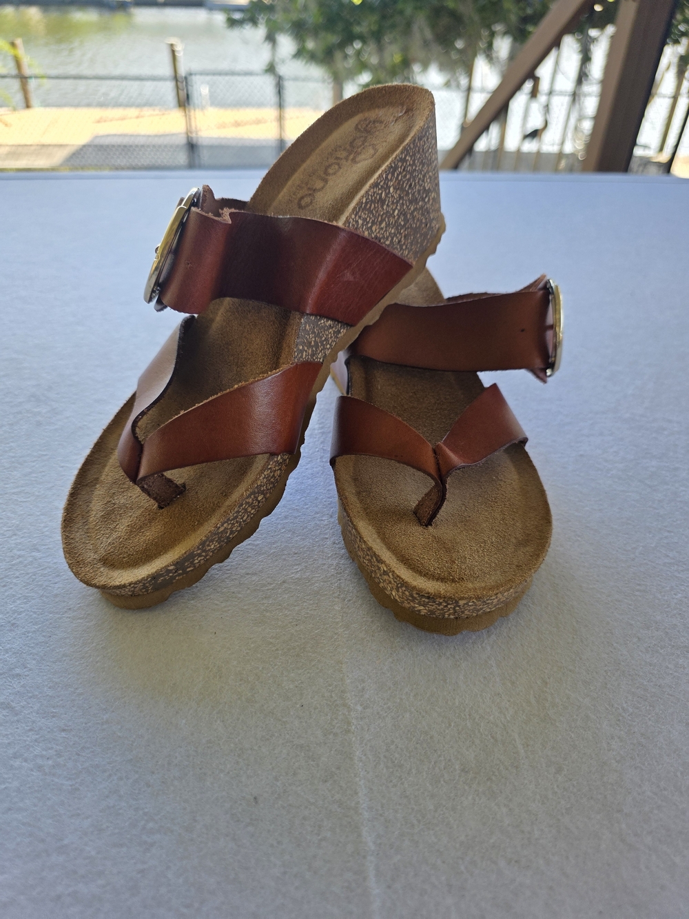 Yokono Cottagecore Brown Leather Buckle Wedge Sandals